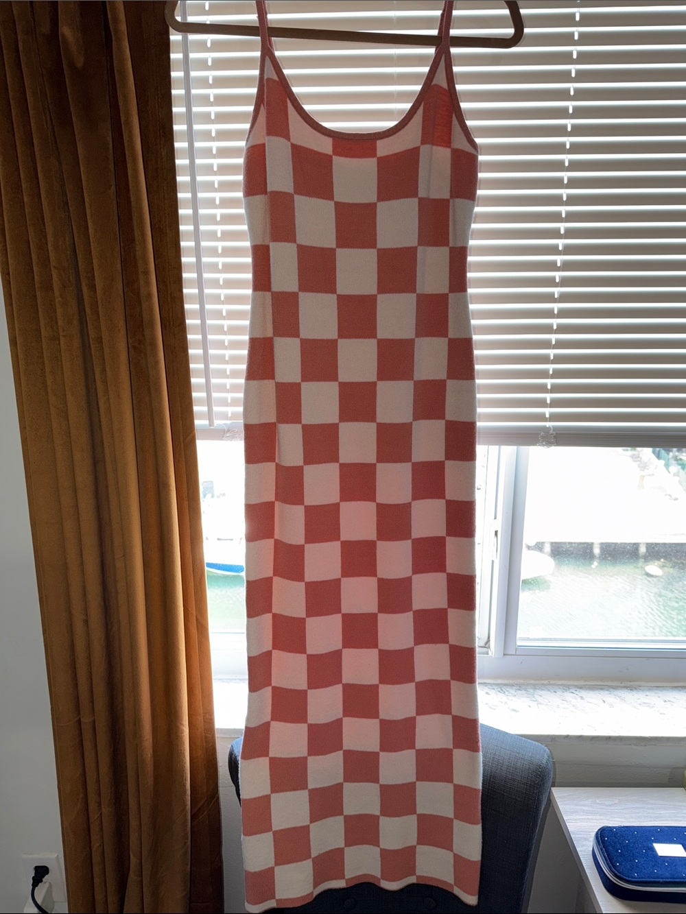 Checkerboard Knit Slip Dress, Coral and White
